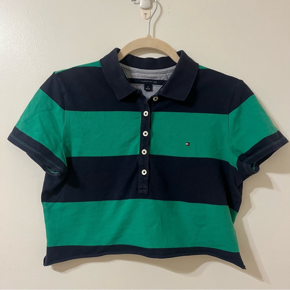Cropped Tommy Hilfiger green and navy blue striped shirt